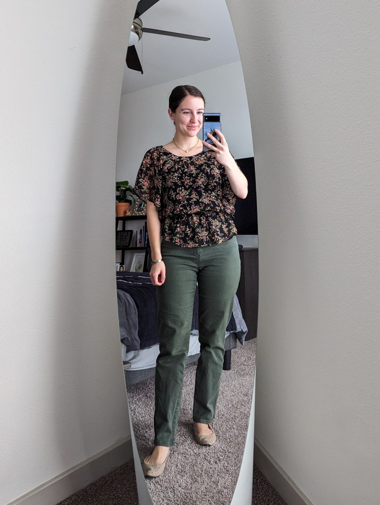 black-floral-top-olive-green-pants-beige-flats