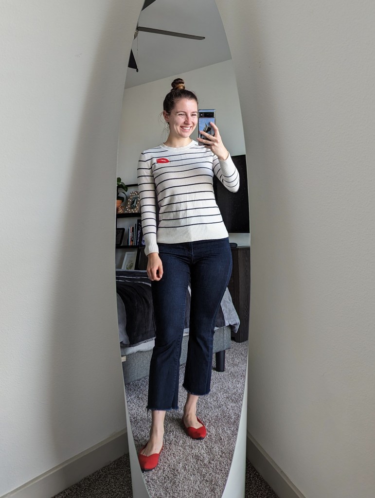 cropped-flared-jeans-red-flats-rothys-striped-lips-sweater-banana-republic