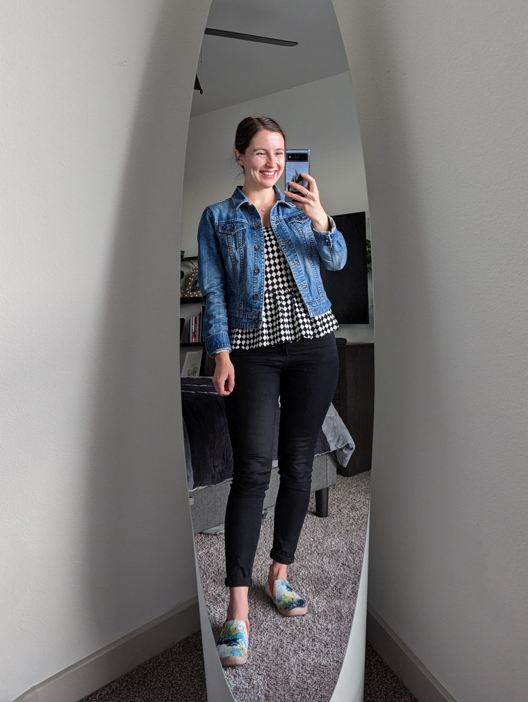 black-white-peplum-top-denim-jacket-black-skinny-jeans-uin-footwear