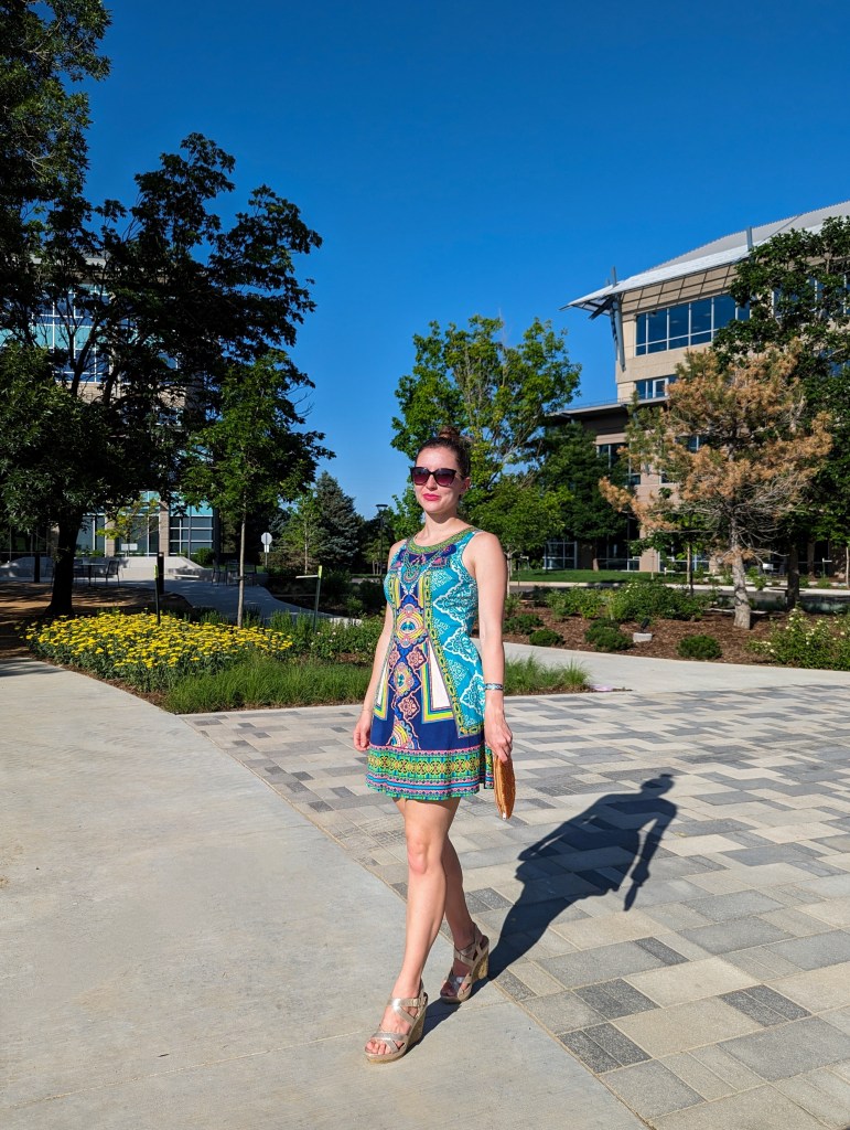 printed-dress-fit-and-flare-gold-wedges-black-sunglasses