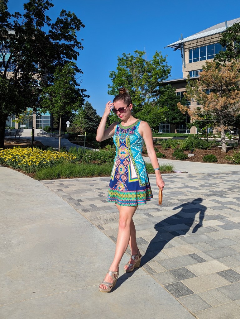 printed-dress-fit-and-flare-gold-wedges-orange-purse-thrifted-style