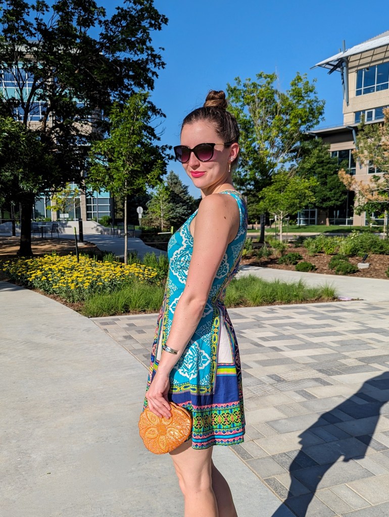 thrifty-finds-summery-dress-geometric-pattern-orange-beaded-clutch