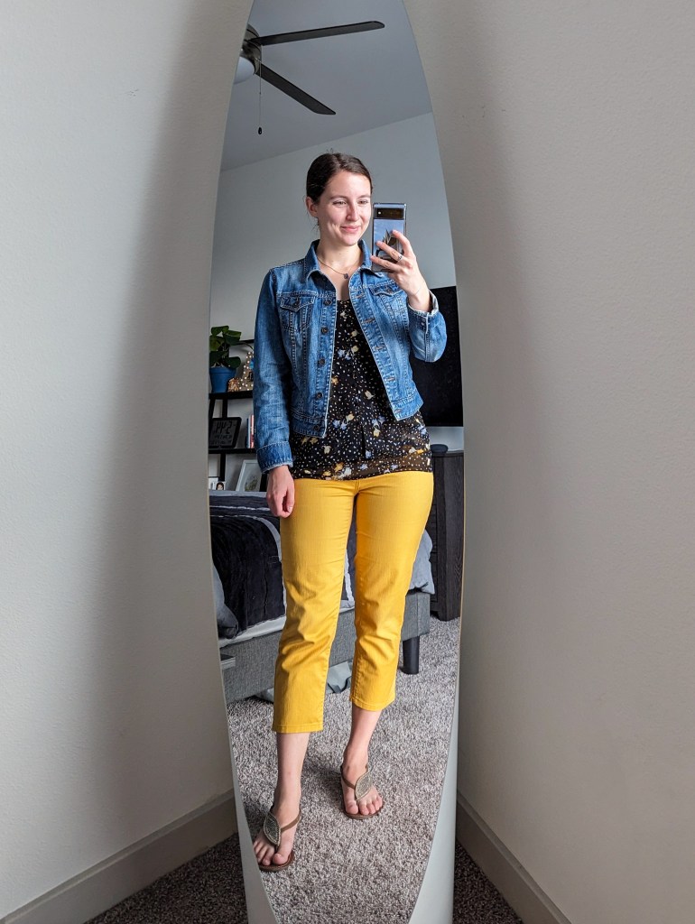 black-floral-blouse-denim-jacket-gold-pants-brown-sandals