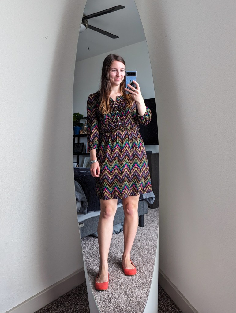 brown-chevron-dress-charming-charlie-orange-flats