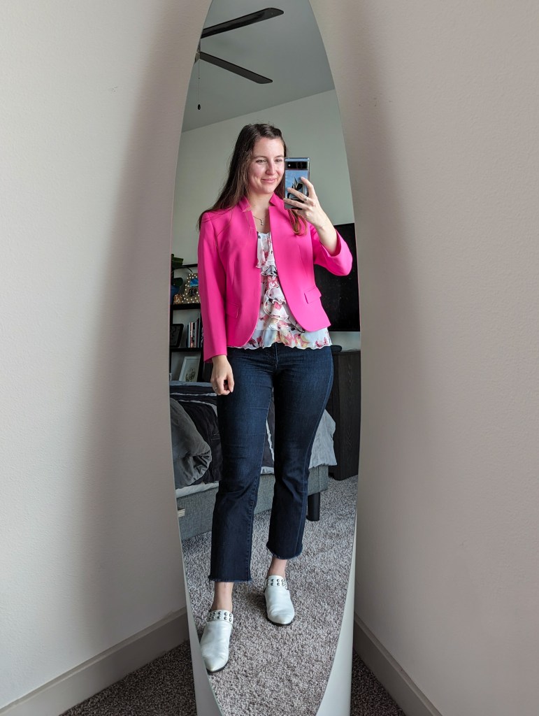 hot-pink-blazer-floral-ruffle-blouse-cropped-flared-jeans-white-mules