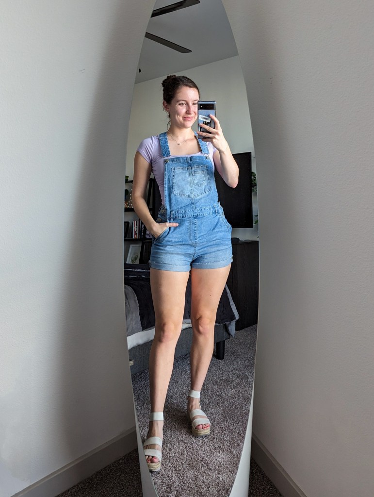 lilac-bodysuit-ribbed-denim-overalls-white-sandals