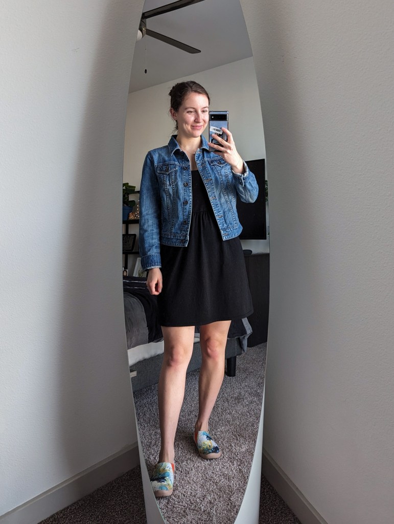 black-tank-dress-denim-jacket-printed-shoes-uin-footwear