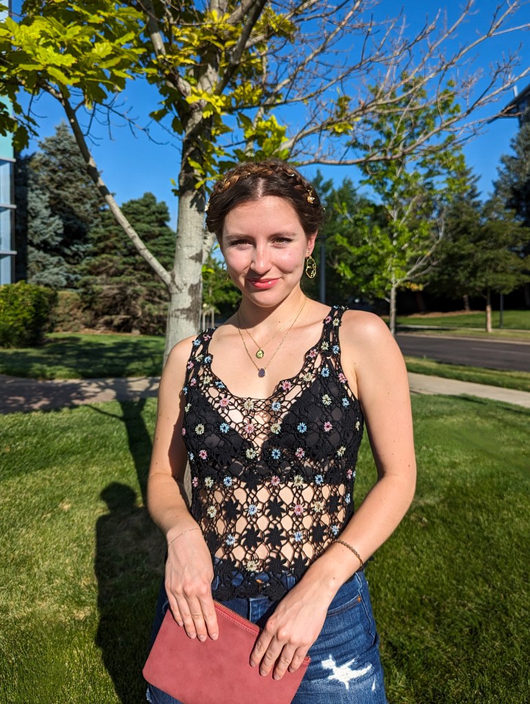 beaded-crochet-tank-denim-shorts-francescas-purse-braided-updo
