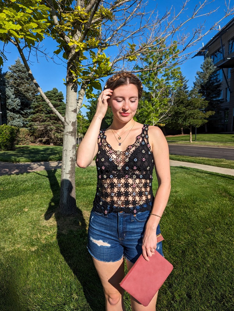 braided-updo-hair-rings-crochet-tank-beaded-denim-shorts-summer-style