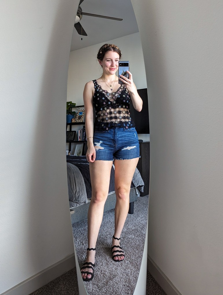 black-beaded-crochet-tank-denim-shorts-black-sandals-frida-kahlo-inspired