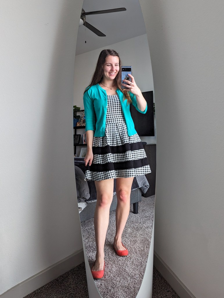 black-white-gingham-dress-green-cardigan-orange-flats-work-outfit