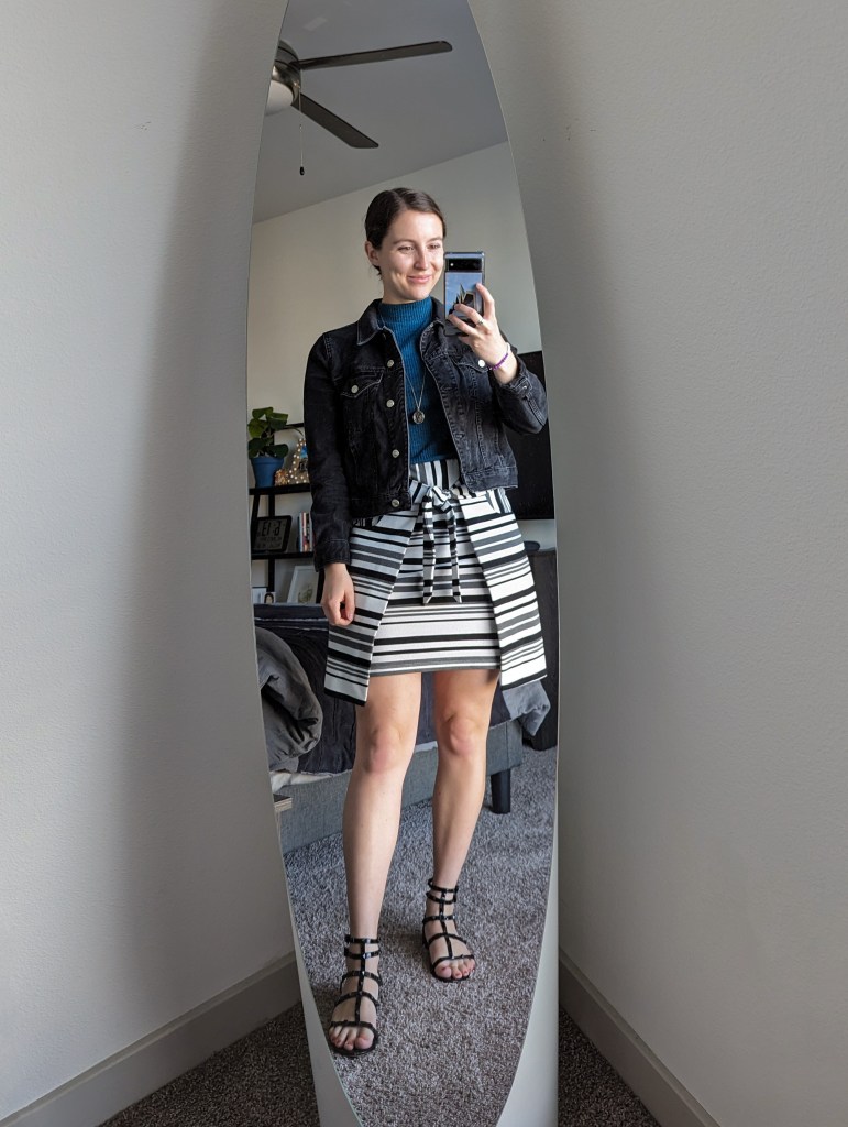 striped-skirt-cabi-clothing-teal-mock-neck-black-denim-jacket-topshop