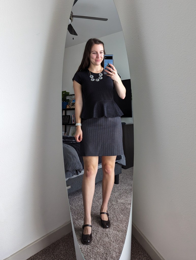black-peplum-top-statement-necklace-pinstripe-pencil-skirt-mary-jane-shoes