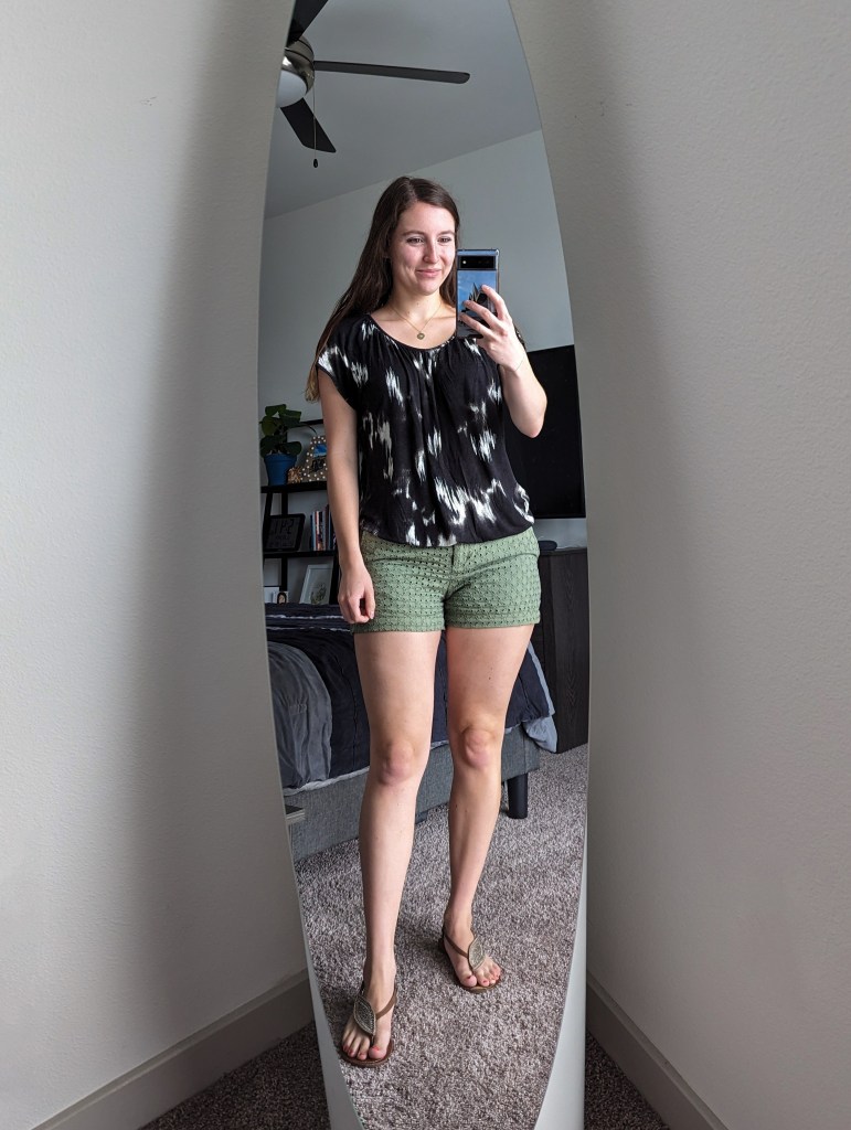 black-top-olive-green-eyelet-shorts-brown-sandals