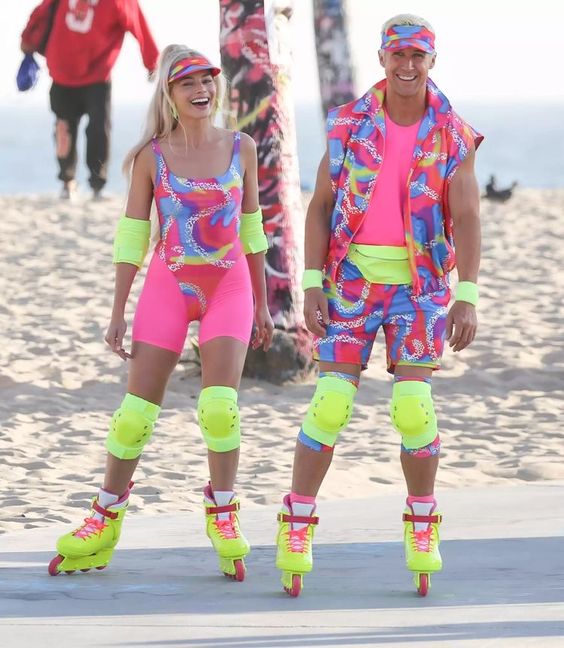 margot-robbie-ryan-gosling-barbie-ken-roller-blading-colorful-outfits