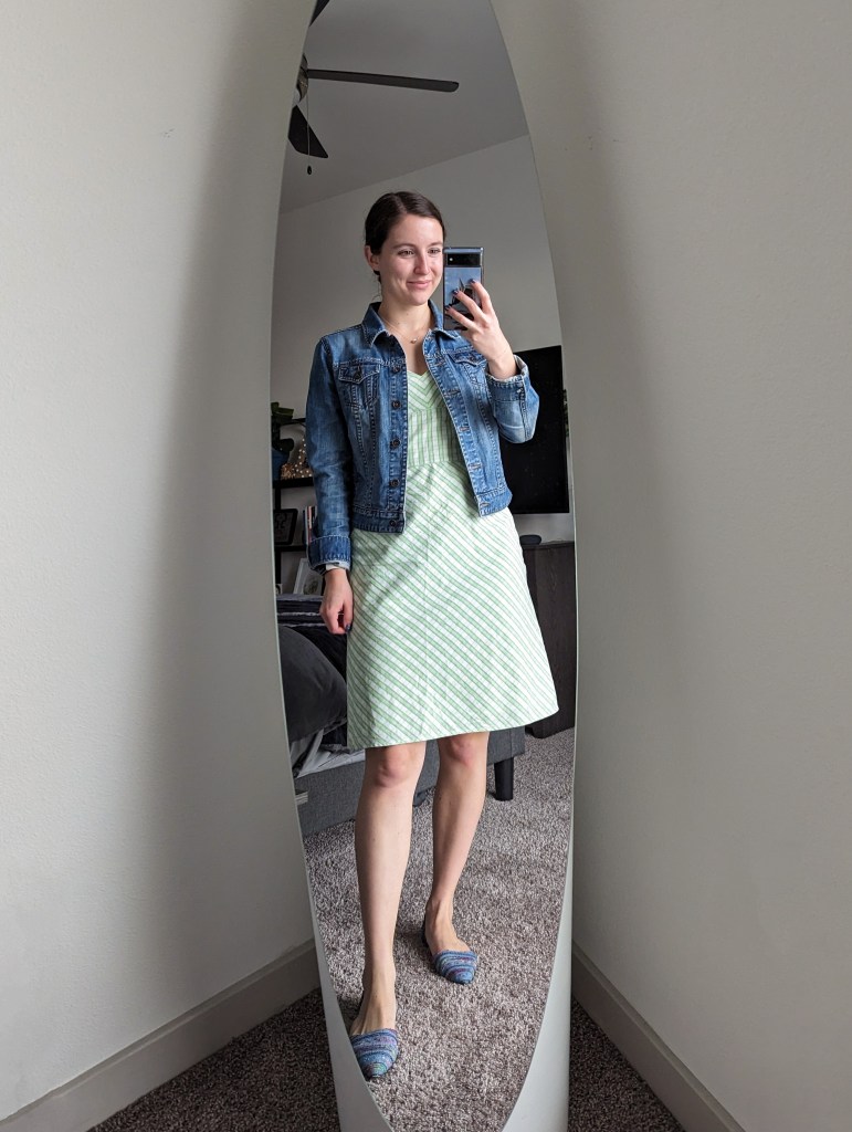 green-plaid-dress-denim-jacket-flats-jcrew