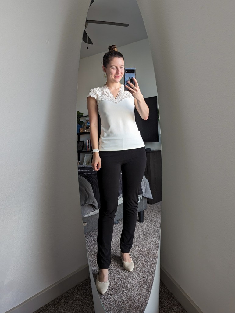 clara-sunwoo-black-pants-lace-blouse-hm-vivaia-tracy-heels