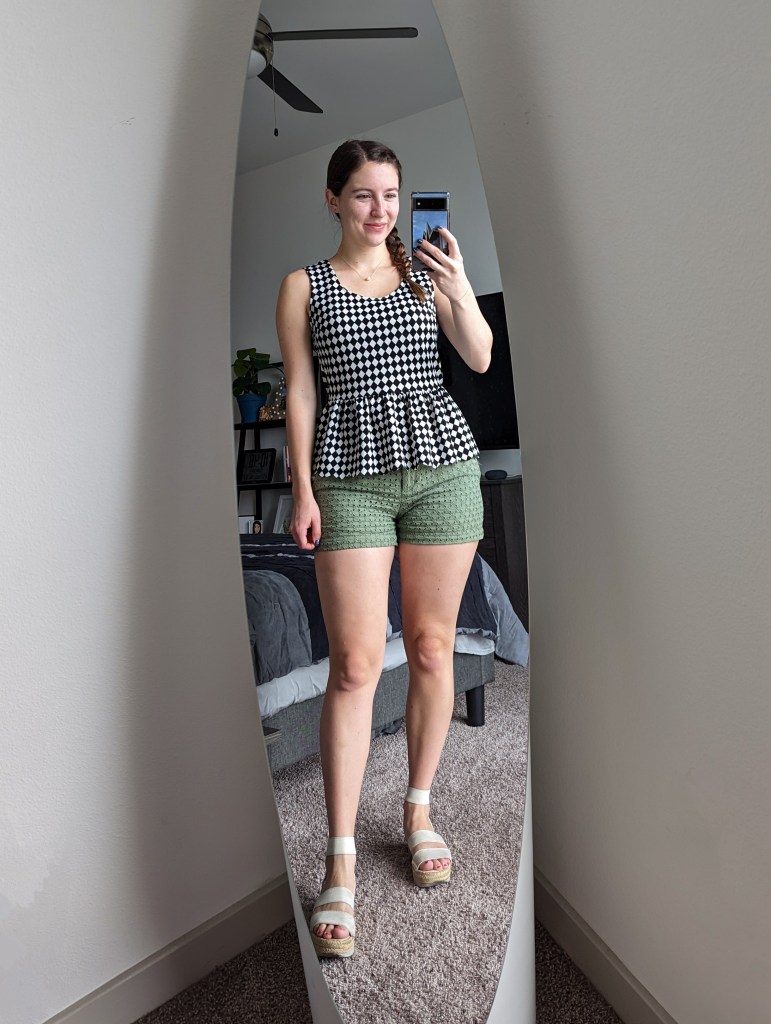 checkered-peplum-top-green-eyelet-shorts-white-espadrilles
