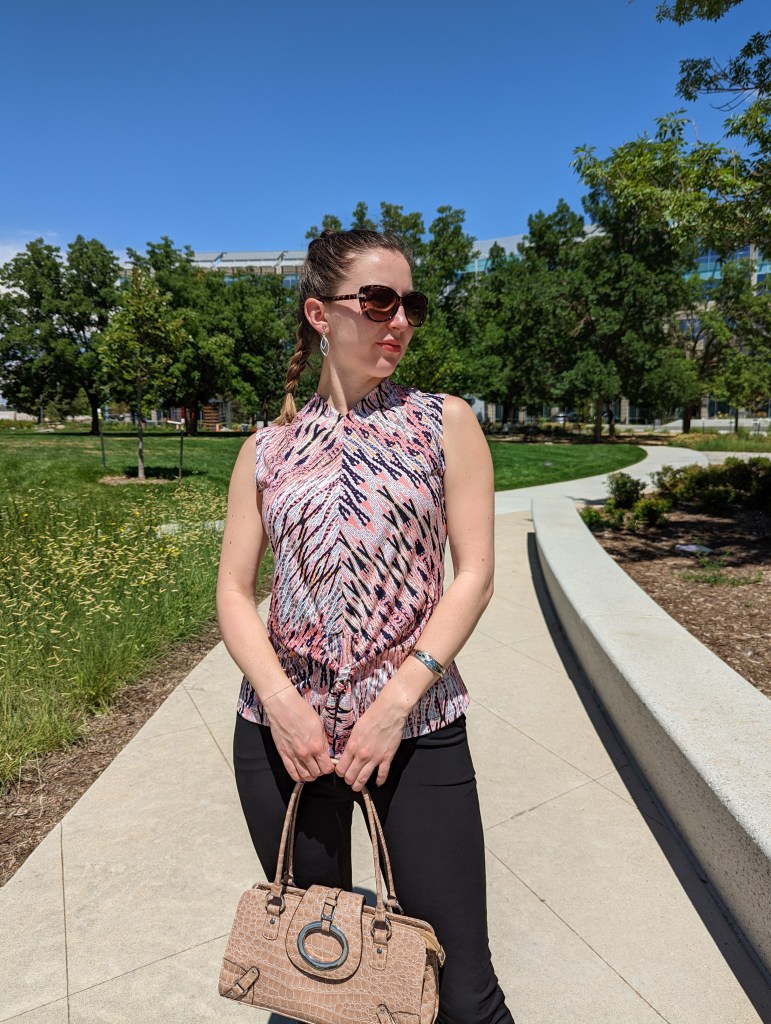boho-print-blouse-clara-sunwoo-black-trousers-braided-hairstyle-summer-work-outfit