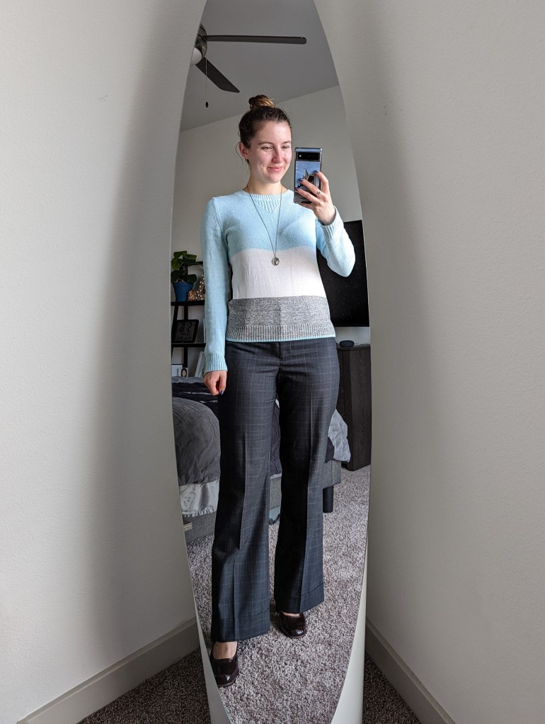 striped-sweater-windowpane-trousers-work-outfit-pendant-necklace