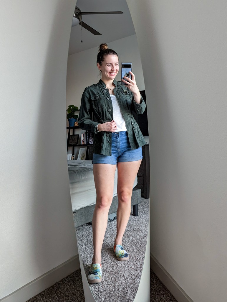 white-tee-olive-green-utility-jacket-denim-shorts-uin-footwear-printed-sneakers