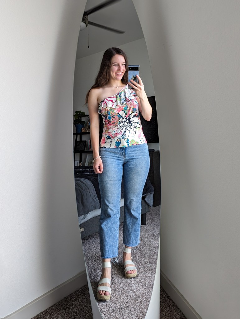 clara-sunwoo-one-shoulder-blouse-cropped-flared-jeans-white-espadrilles