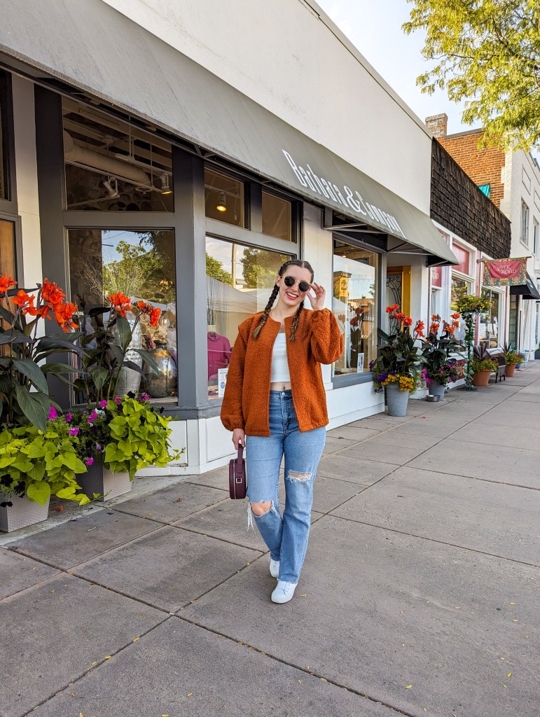 white-crop-top-orange-teddy-coat-ripped-straight-leg-jeans-express