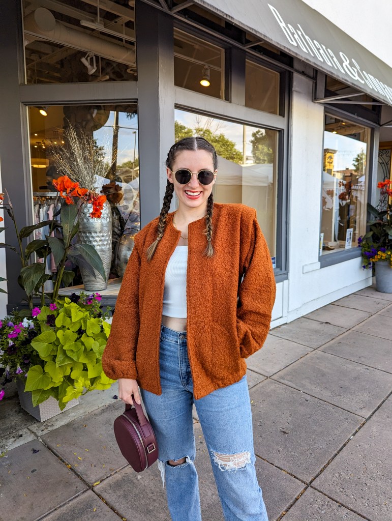round retro-sunglasses-orange-jacket-fall-teddy-coat-month-in-review