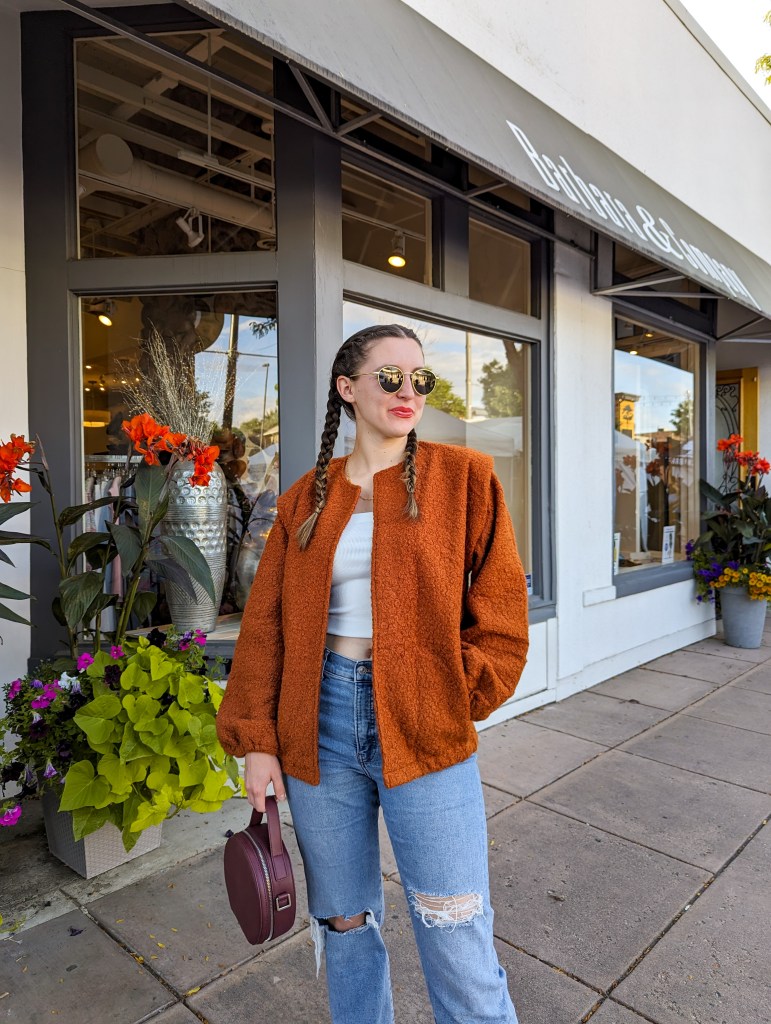 fall-fashion-white-crop-top-orange-teddy-coat-denim-maroon-circle-purse