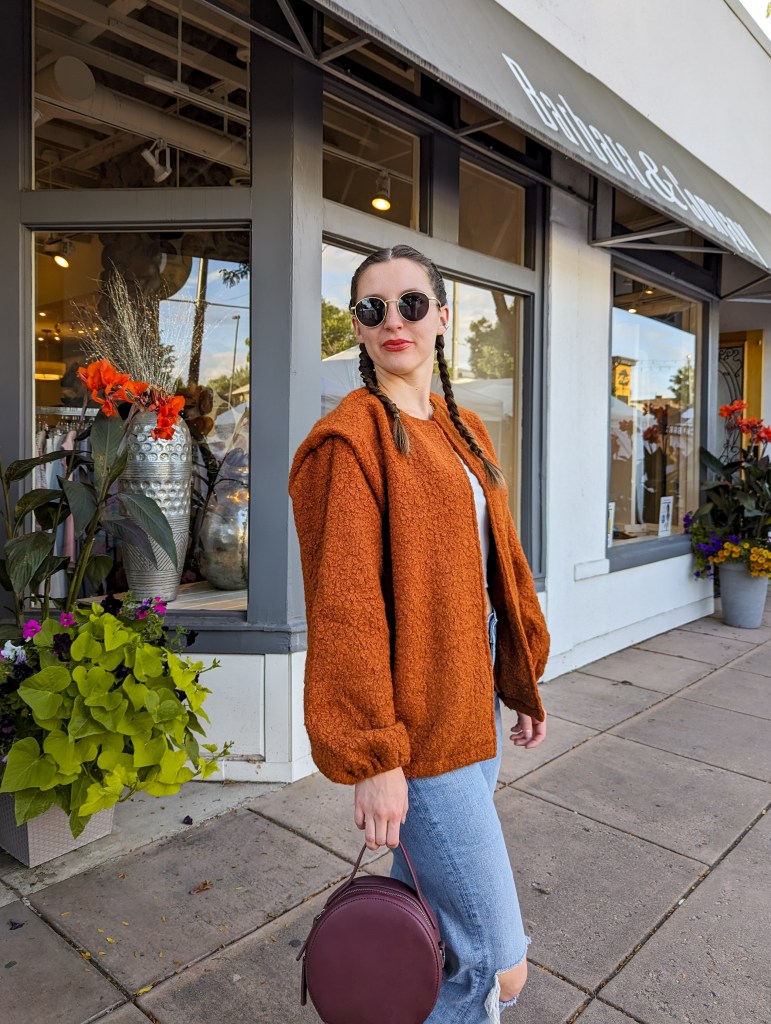 retro-round-sunglasses-french-braids-orange-teddy-coat-fall-fashion