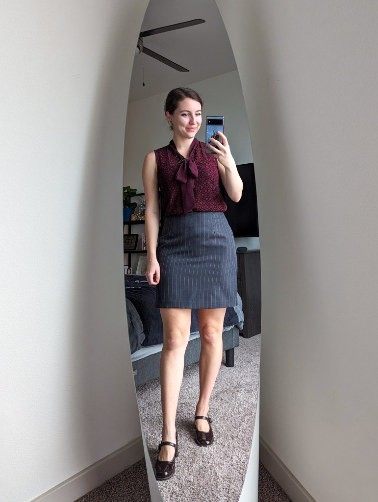 maroon-tie-front-blouse-banana-republic-pinstripe-skirt-thrifted-mary-jane-shoes