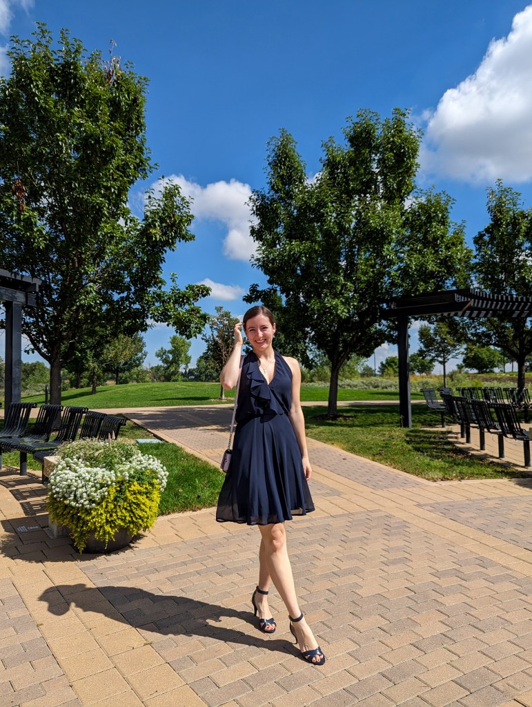 navy-thrifted-dress-one-dollar-ruffle-haulter-neck