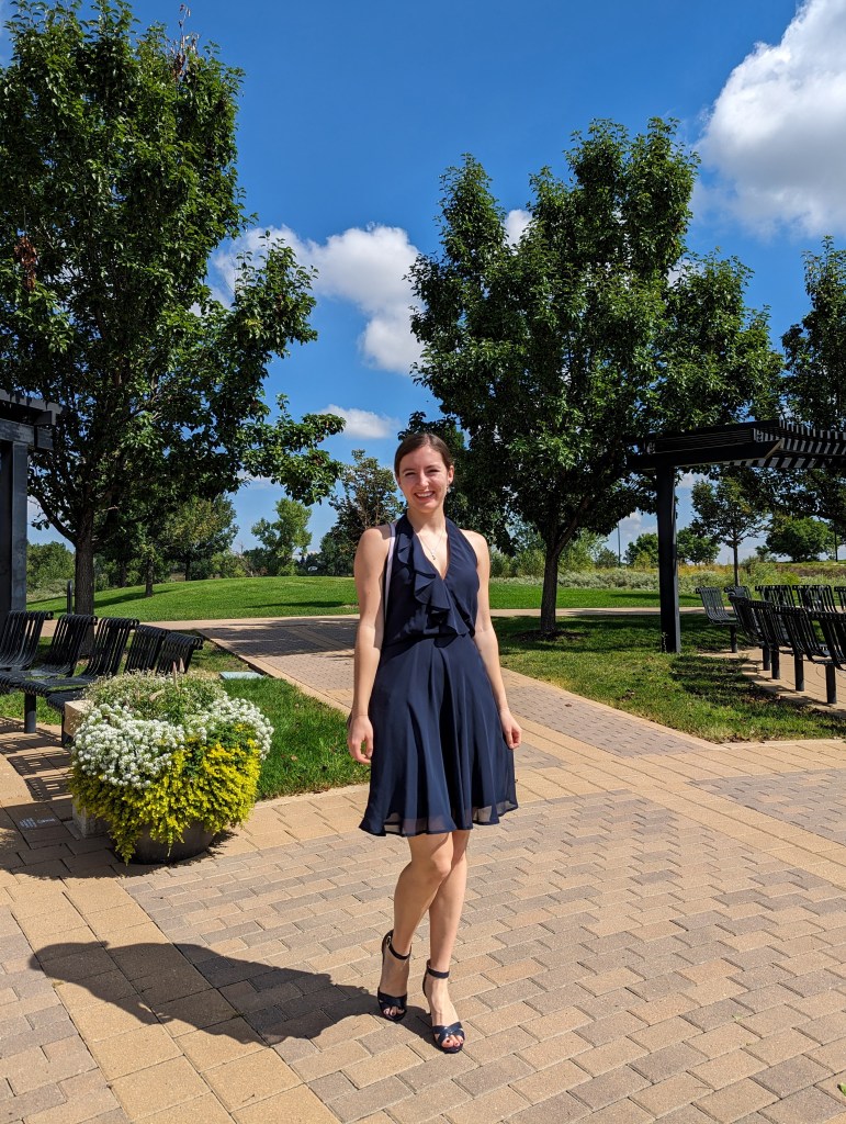 wedding-guest-dress-navy-one-dollar-thrifted-dress-ruffles