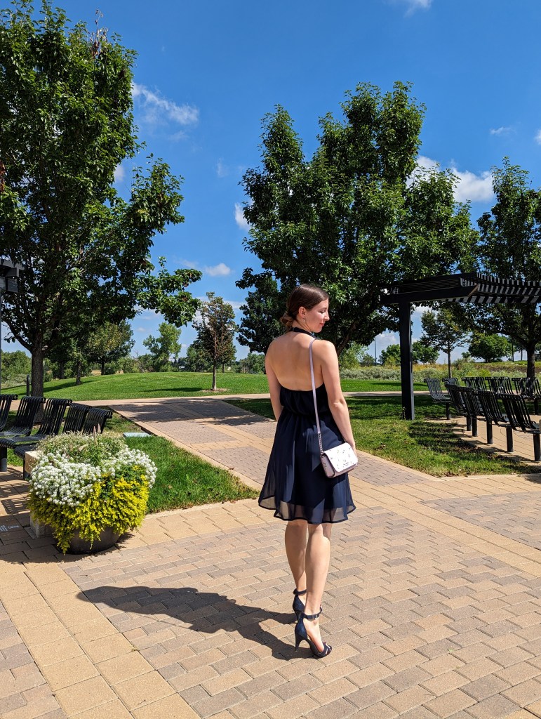 thrifted-fashion-navy-dress-halter-neck-heels-summer-dress