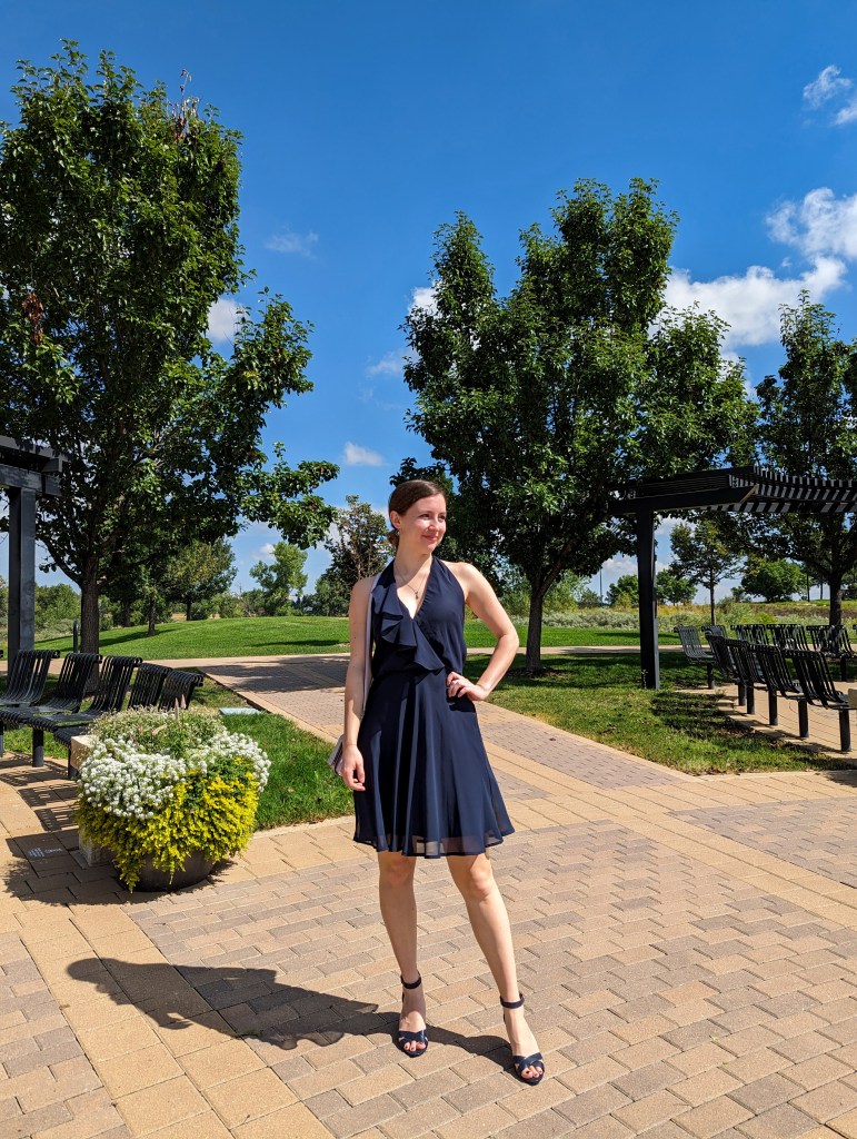 navy-dress-halter-neck-ruffle-one-dollar-thrifted-fashion