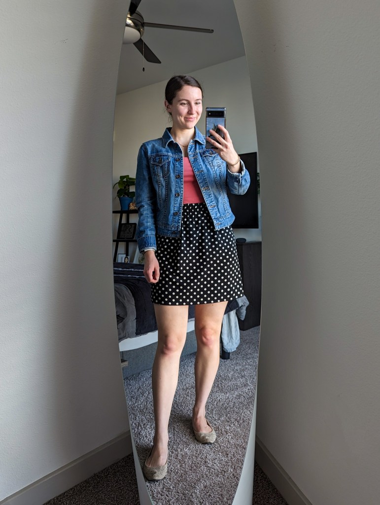 cavenders-rose-colored-bodysuit-polka-dot-skirt-denim-jacket-beige-flats