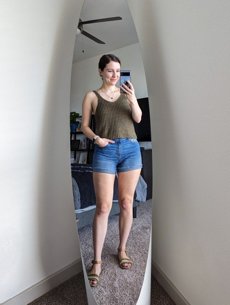 olive-green-knit-top-denim-shorts-brown-sandals