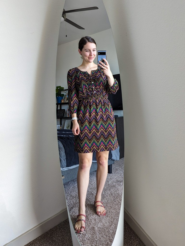 brown-chevron-dress-charming-charlie-red-snakeskin-sandals