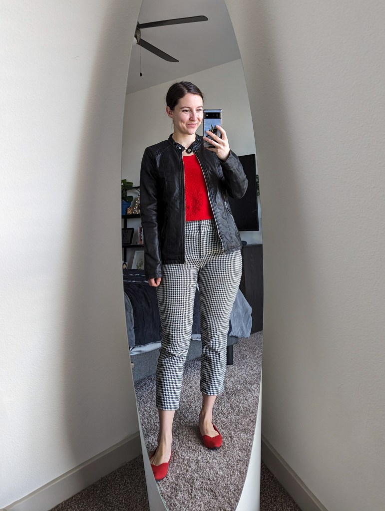 red-top-houndstooth-pants-black-racer-jacket-red-rothys-flats