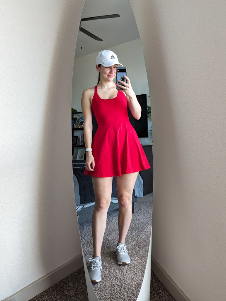red-athletic-dress-halara-amazon-fashion-callaway-golf-shoes-adidas-hat