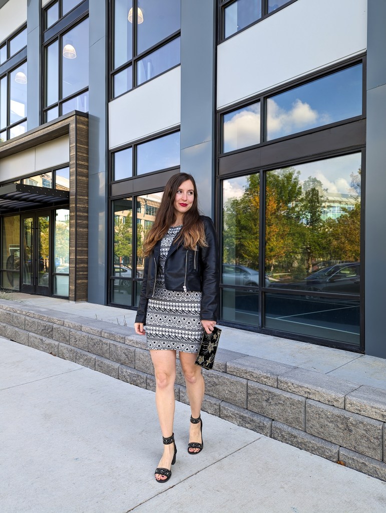 thrifty-fashion-black-studded-heels-patterned-bodycon-dress-leather-jacket-star-purse