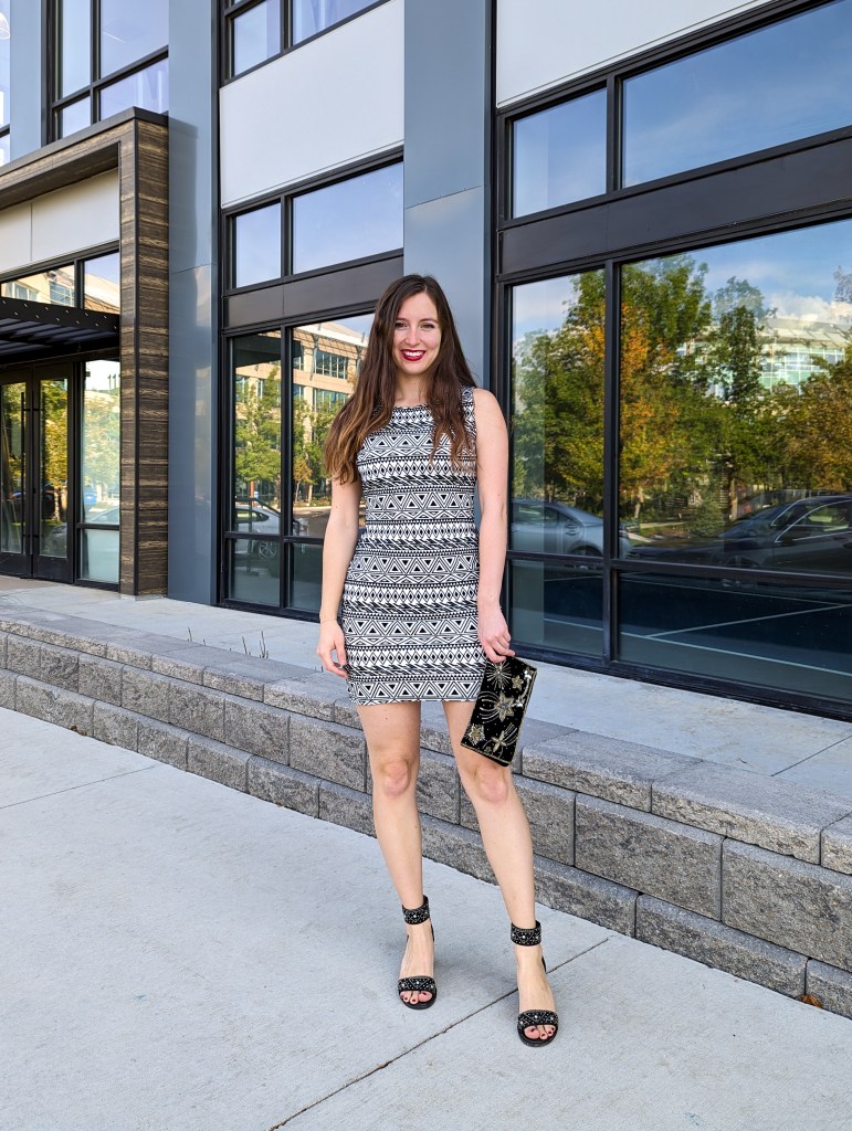 geometric-dress-black-white-beaded-clutch-black-heels
