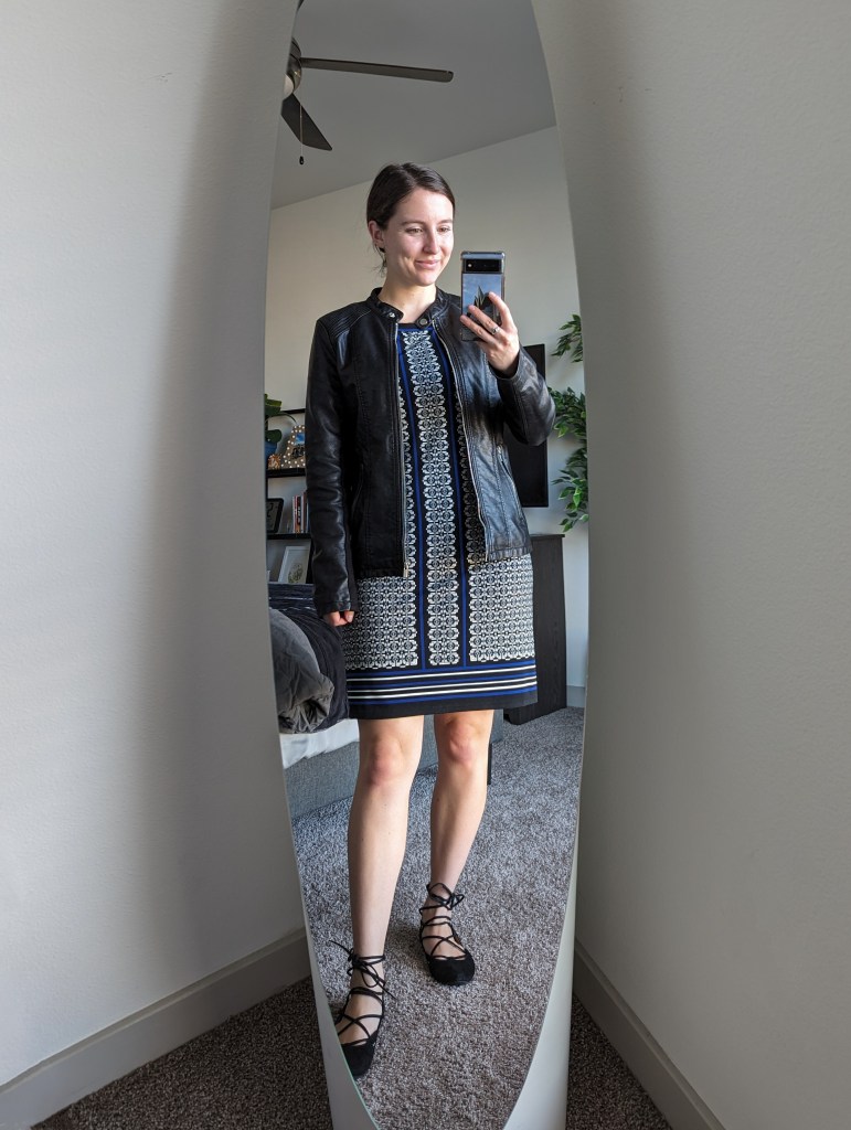 leather-jacket-printed-shift-dress-black-lace-up-shoes