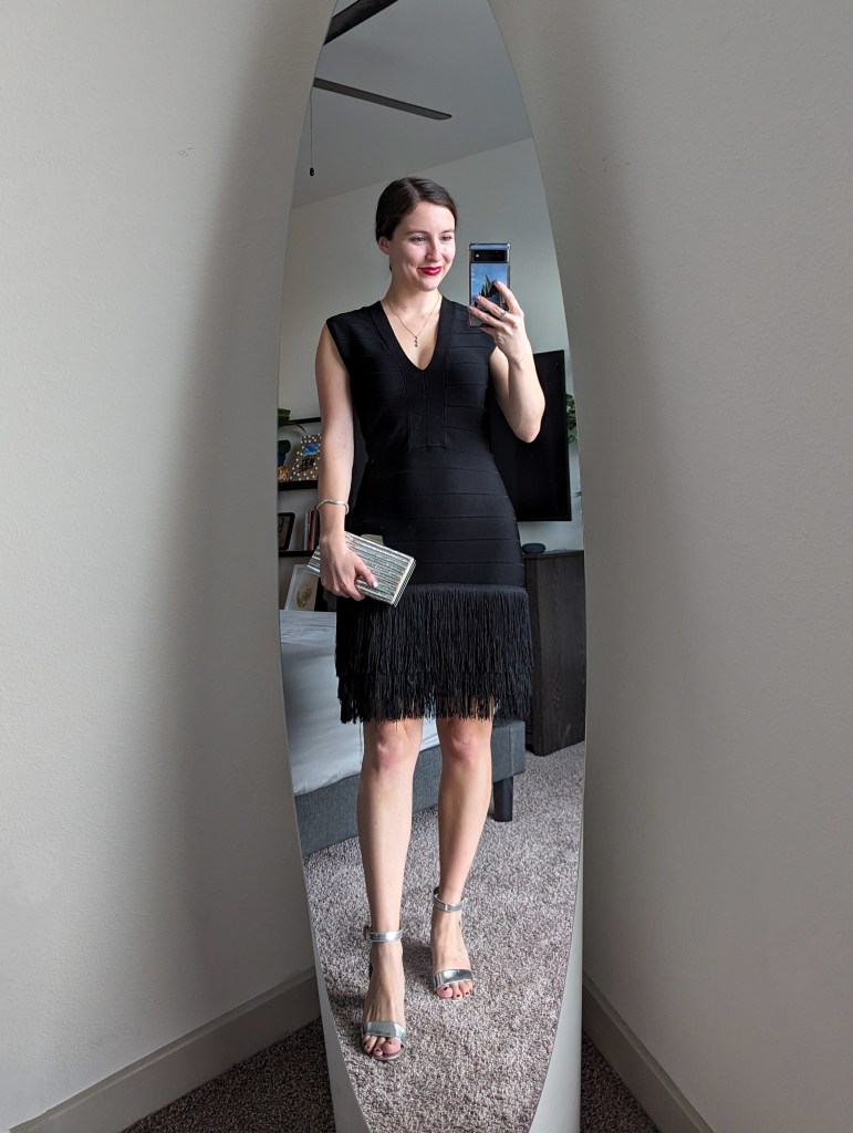 thrifted-black-bandage-dress-fringe-silver-heels-clutch-las-vegas-outfit