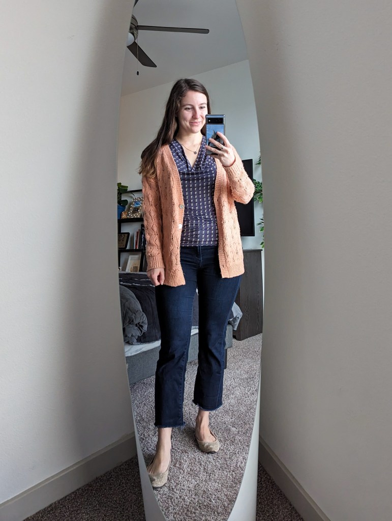 grey-printed-cowl-blouse-salmon-color-sweater-cropped-flared-jeans-beige-flats