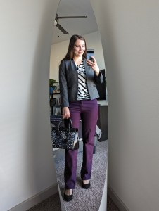 black-white-stripe-cowl-blouse-grey-blazer-purple-pants-dotted-kate-spade-handbag-black-heels