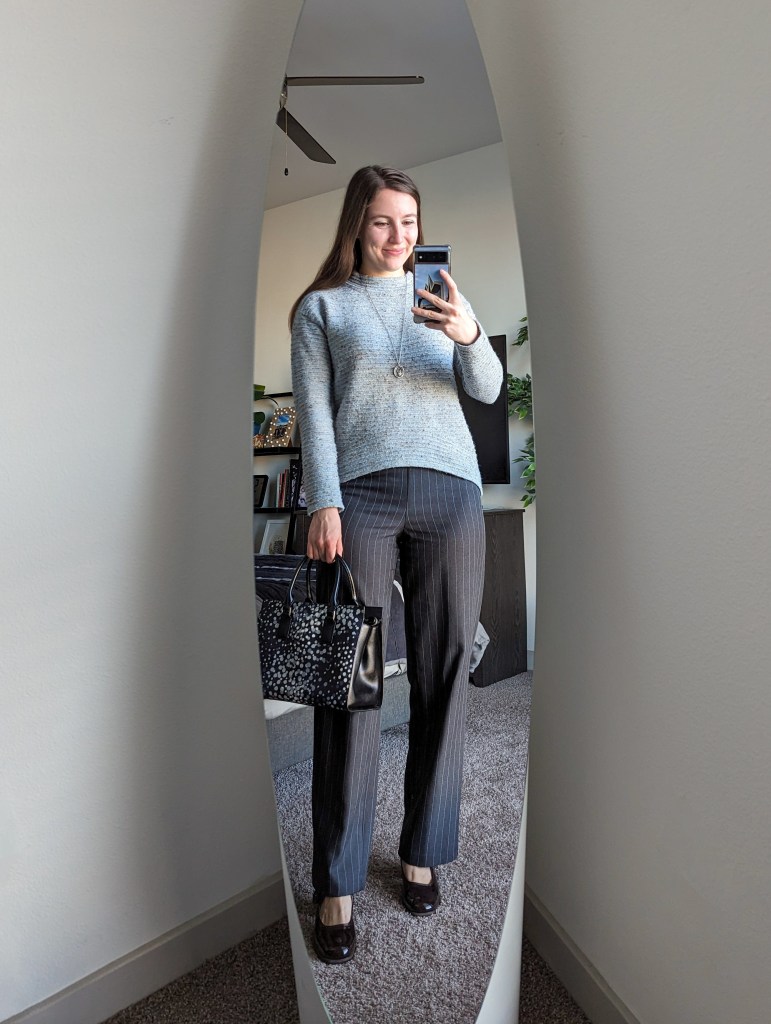 light-blue-sweater-grey-pinstripe-trousers-maroon-maryjane-heels-dotted-kate-spade-handbag