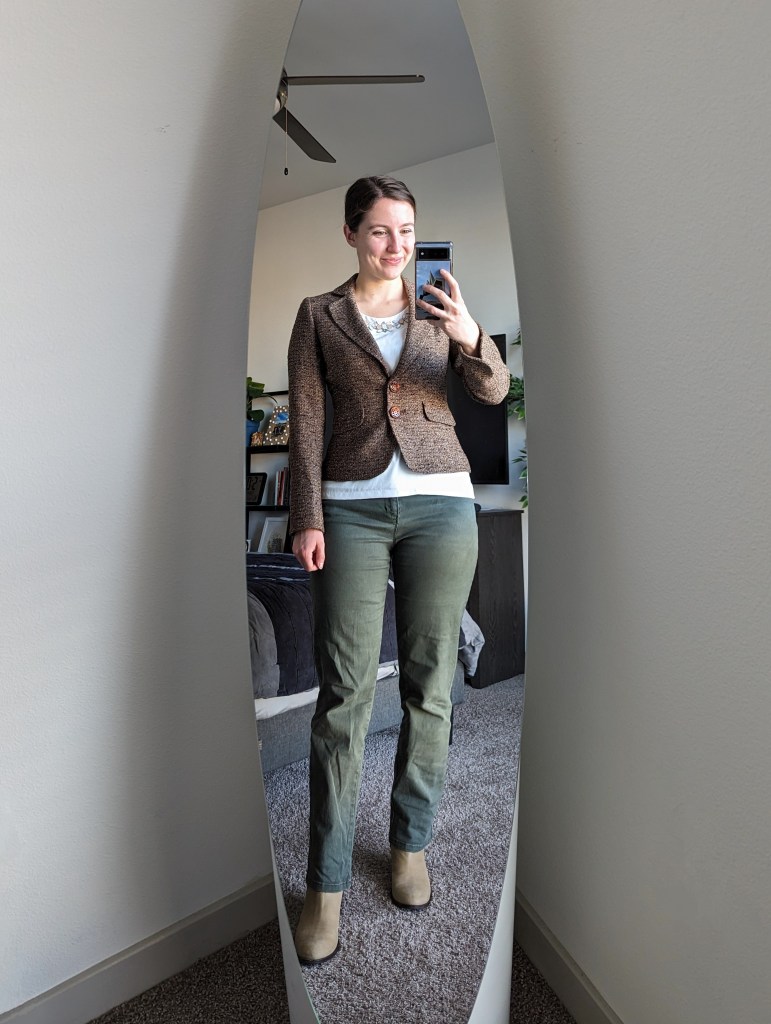 white-blouse-brown-tweed-blazer-olive-green-pants-taupe-boots