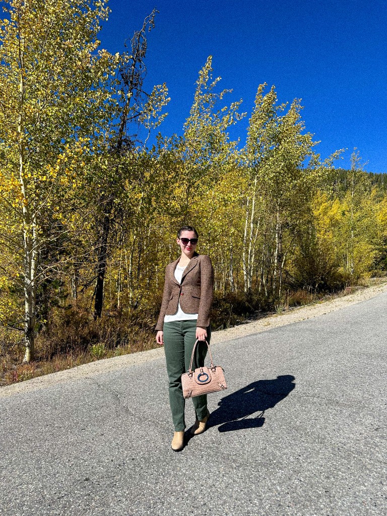 brown-tweed-blazer-white-thrifted-blouse-olive-green-pants-fall-outfit