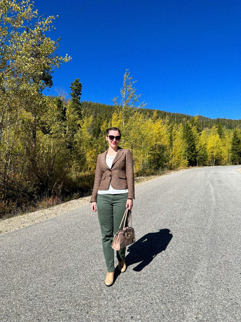 brown-blazer-white-blouse-thrifted-style-olive-green-pants-taupe-booties
